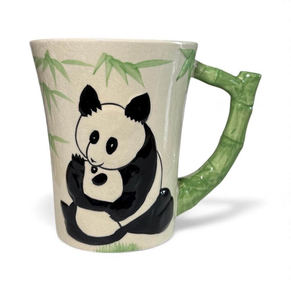 Pier 1 Imports Panda Bear Coffee Mug Mom & Baby Bamboo Shaped Handle Large Cup